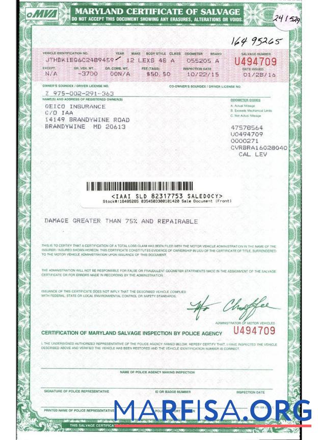 Downloadable USA Maryland certificate of salvage template
